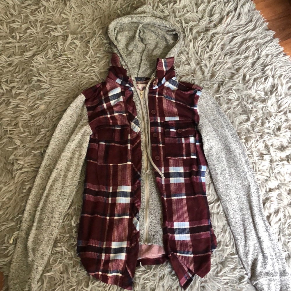 Plaid and grey zip up/button up sweater